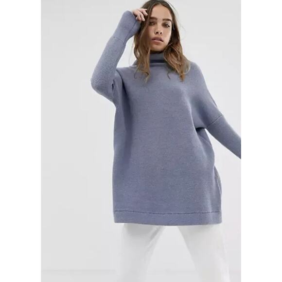 FREE PEOPLE Ottoman Blue Long Sleeve Ribbed Mock Neck Slouchy Tunic Sweater XS - Picture 1 of 8